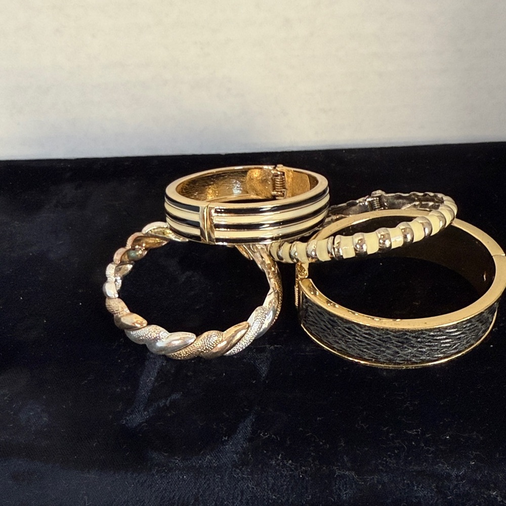 Vintage & Modern Bracelet Set – Gold Hinged Bangles, Enamel, Faux Leather